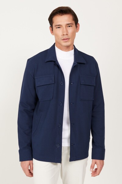 AC&Co Altınyıldız Classics Men's Navy Blue Oversize Fit Wide Cut Classic Collar Cotton Patterned Shirt Jacket