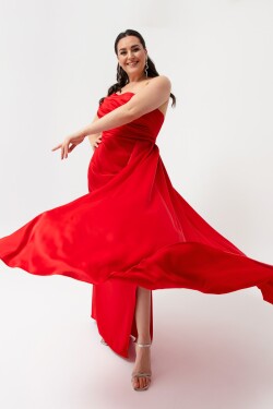 Lafaba Dámské červené saténové večerní šaty plesové šaty na jedno rameno plus velikosti