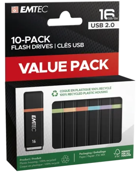 EMTEC K100 USB 16 GB (10ks) / 10x flash disk / USB 2.0 / čtení: 15MBs / zápis: 5MBs (ECMMD16GK102P10)