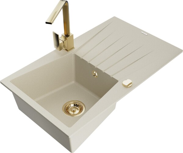 MEXEN/S - Cesar granitový dřez 1-miska s odkapávačem včetně baterie Rita, béžový 6514-69-670300-50