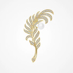 Luxusní brož Zlaté pírko s perlou a třpytivými zirkony, Zlatá