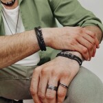 Pánský kožený náramek s lávovým kamenem José - chirurgická ocel, Černá 21 cm