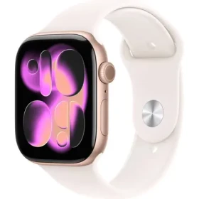 Rozbaleno - Apple Watch Series 11GPS 46mm Růžově zlaté hliníkové tělo - Světle ruměný sportovní řemínek M/L / 160–210 mm / rozbaleno (MEV74MP/A.rozbaleno)