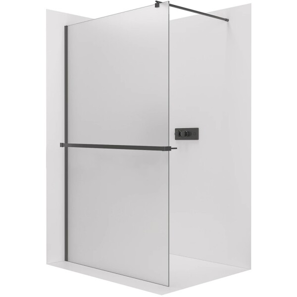 CERANO Sprchová zástěna Walk-in Onyx Round L/P - 8 mm - kulatá vzpěra + polička/držák na ručníky - černá matná, mléčné sklo - 40x200 cm