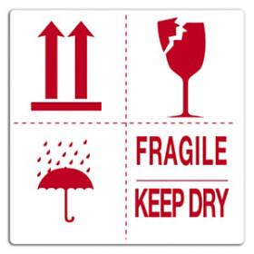 Výstražné etikety, 50x50mm, 4 symboly, FRAGILE / KEEP DRY