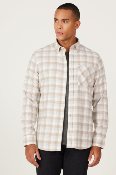 AC&Co Altınyıldız Classics Men's Beige-gray Slim Fit Slim Fit Button Collar Warm Checked Winter Flannel Lumberjack Shirt