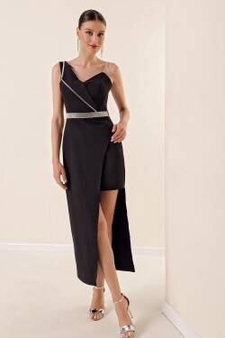 By Saygı One-Shoulder Stone Detailed One Side Short Lined Long Dress Black