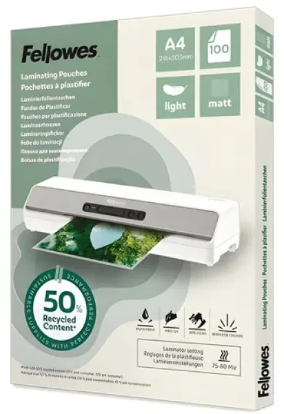 Fellowes Laminovací fólie A4 matná / Laminovací fólie / 100 ks / recyklovaná (100143435)