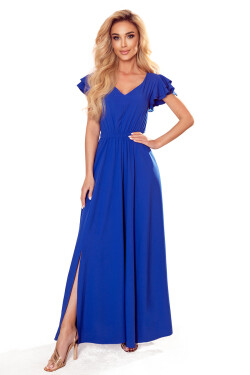 Dlouhé dámské šaty v chrpové barvě s výstřihem a volánky S model 17406216 - numoco