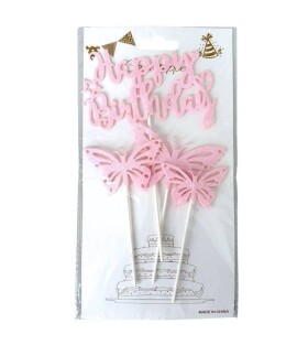 Dortisimo Zápich do dortu růžový Happy Birthday s motýlky (4 ks)