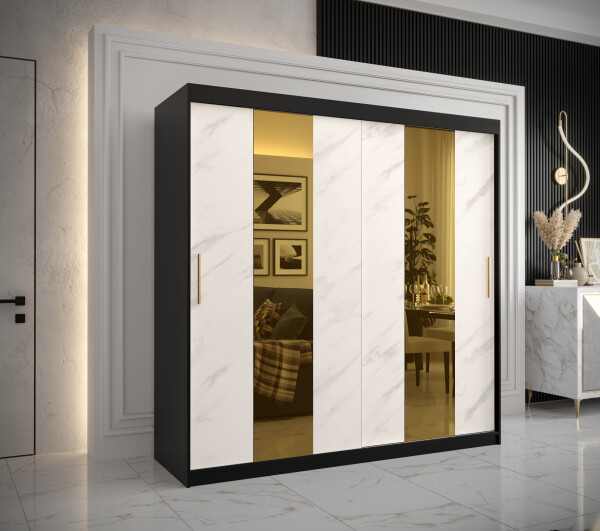 Šatní skříň Abi Golden Pole Barva korpusu: Černá, Rozměry: 200 cm, Dveře: Bílý mramor se zlatým zrcadlem
