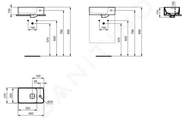 IDEAL STANDARD - Strada II Umývátko 450x270 mm, s přepadem, otvor pro baterii vpravo, s Ideal Plus, bílá T2994MA