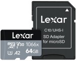 Lexar Professional 1066x Silver microSDXC 64GB + adaptér / čtení: 160MBs / Zápis: 70MBs / UHS-I U3 / A2 / Class 10 (LMS1066064G-BNANG)