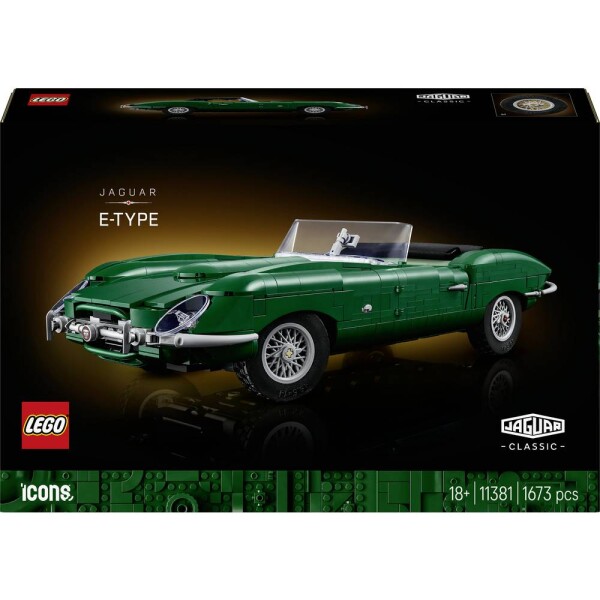 6588531 LEGO® ICONS™ Lovecký typ E; stavebnice s klasickým sportovním přívěsem pro dospělé s motorem, přístrojovou přístrojovou desku a příslušenstvím; úžasná