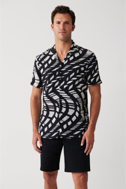 Avva Men's Black Viscose Cuban Collar Abstract Patterned Short Sleeve Standard Fit Regular Fit Shirt