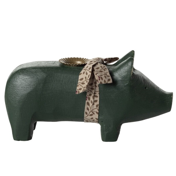 Maileg Dřevěný svícen prasátko Medium Dark Green, zelená barva, dřevo