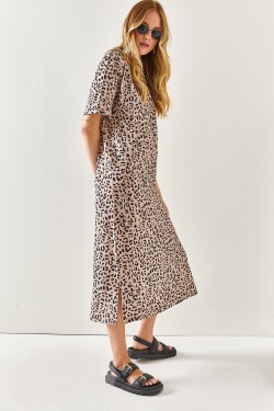 Olalook Women's Viscose Leopard Side Slit Oversize Cotton Dress