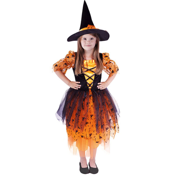 Dětský kostým Čarodějnice s kloboukem oranžová, e-obal, vel. M
