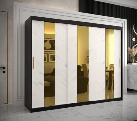 Šatní skříň Abi Golden Pole Barva korpusu: Černá, Rozměry: 250 cm, Dveře: Bílý mramor se zlatým zrcadlem