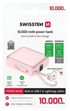Swissten Space 10000 mAh růžová / Powerbanka s integrovanými kabely / USB-C + Lightning