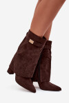 Zateplené dámské kozačky na podpatku s ozdobným páskem čokoládové Luvielle 40