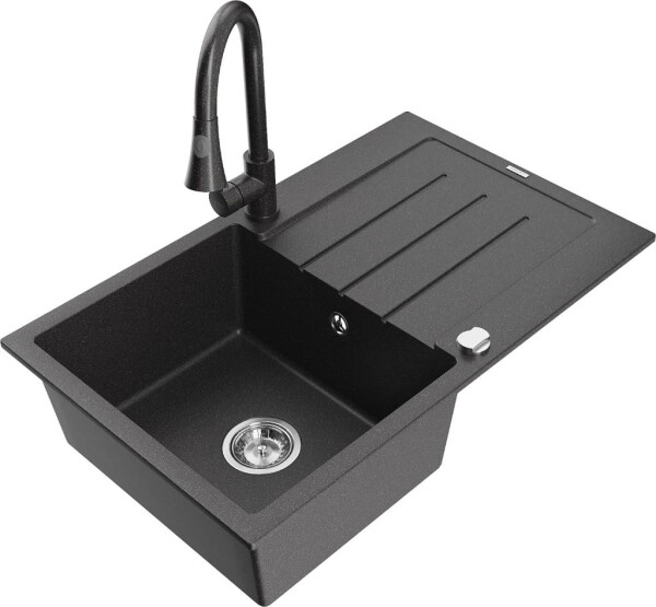 MEXEN - Bruno granitový dřez 1 s odkapávačem včetně baterie Elia, černá kropenatá 6513-76-670101-76