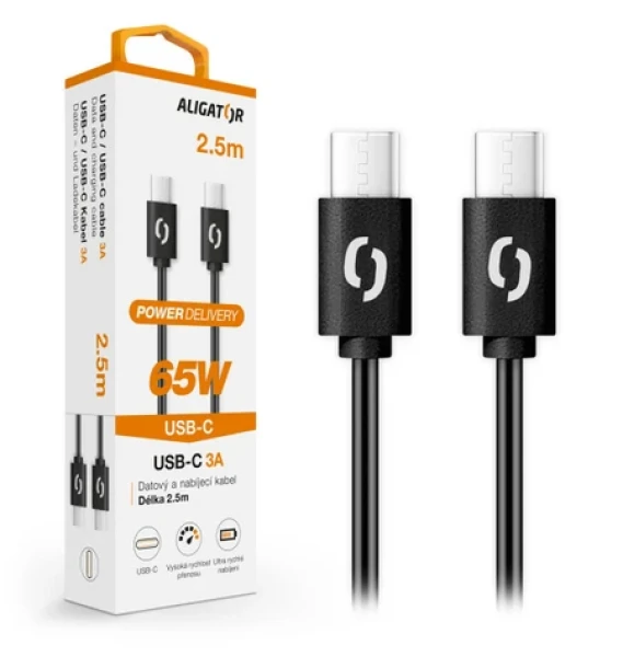 Aligator Datový kabel POWER 65W / USB-C/USB-C 3A / 2 / 5m černý (DATKP58)