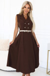 596-4 Elegantní midi košilka se zlatými knoflíky a páskem - CHOCOLATE UNI