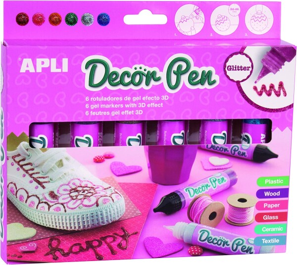 APLI APLI, 14968, Decor Pen, sada dekoračních popisovačů s 3D efektem, třpytkové, 6 ks