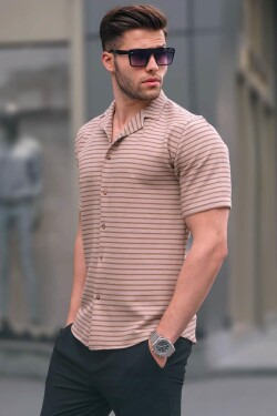 Madmext Camel Striped Slim Fit Men's Short Sleeve Shirt 5591