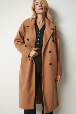 Štěstí İstanbul Dámský velbloudí dvouřadý výstřih Oversize Cachet Coat