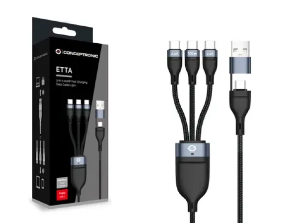 Conceptronic kabel USB-C a USB-A na 3x USB-C černá / Kabel / USB 2.0 / 1,5 m / 100 W PD (ETTA06B15C)