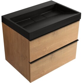 CERANO - Koupelnová skříňka Velora - dub medový, úchytka černá + umyvadlo z lit. mramoru Vita - černá matná - 70x63x46,5 CER-8050BD84038