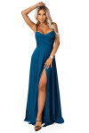646-2 Dlouhé večerní šaty bez ramínek s rozparkem na nohou - námořnické barvy UNI