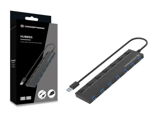 Conceptronic USB hub 7 portů černá / USB hub / 7x USB-A 3.2 Gen1 / 5 Gbit/s / Napájecí adaptér (HUBBIES19BP)