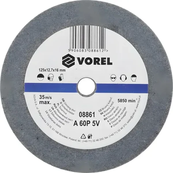 Vorel Brusný kotouč 125x12,7x16 mm jemný / Brusný kotouč / Do stolní brusky / Jemná zrnitost