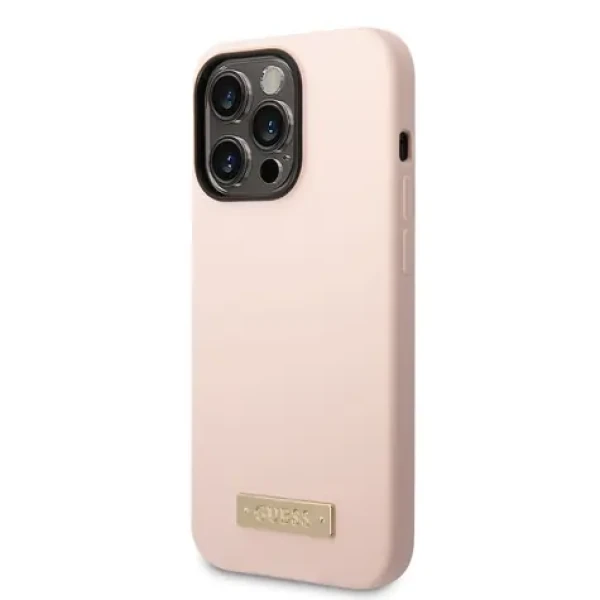 Pouzdro Guess Silicone Metal Logo MagSafe Kompatibilní iPhone 14 Pro růžové