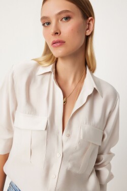 Happiness İstanbul Women's Cream Wide Pocket Tencel Shirt