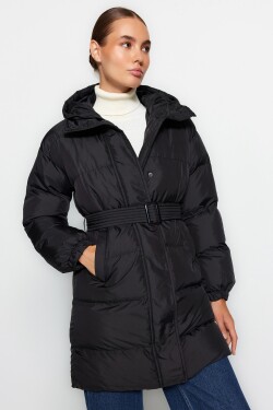 Trendyol Black Oversized dlouhý nafukovací kabát, vodoodpudivý kapucí přepásanou kapucí