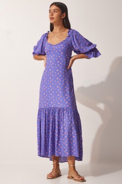 Štěstí İstanbul Dámské fialové vzorované viskózové šaty se srdíčkovým límcem