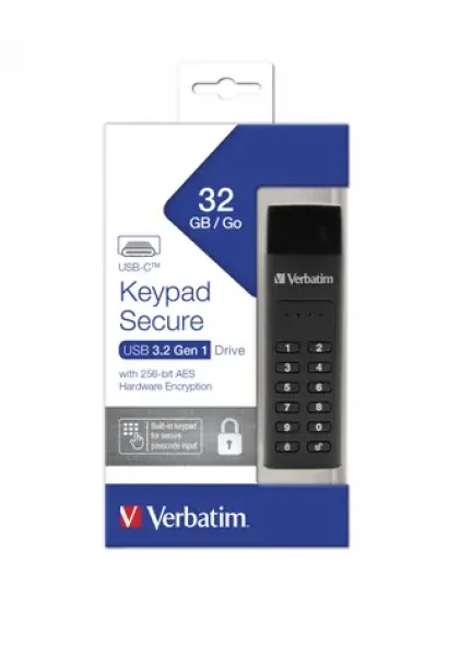 Verbatim Keypad Secure 32GB černá / Flash disk / USB-C 3.2 Gen 1 / klávesnice / čtení: až 160MBs / zápis: až 130MBs (49430)