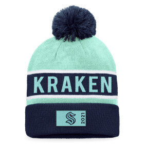 Fanatics Pánská zimní čepice Seattle Kraken NHL Authentic Pro Game & Train Cuffed Pom Knit Traditional Navy-Icy Blue