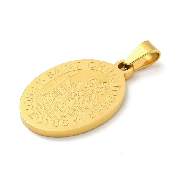 Přívěsek z nerezové oceli - placička se sv. Kryštofem - různé varianty - 27 x 18 x 2 mm - 1 ks Barva: Zlatá