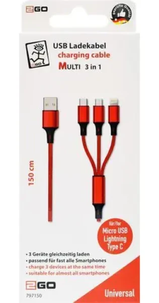 2GO 3in1 nabíjecí kabel červená / USB-A - USB-C / Micro-USB / Lightning / 1,5 m / nylon / 3 A (797150)