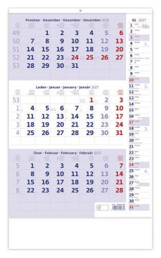 Kalendář nástěnný 2027 - Tříměsíční modrý s poznámkami