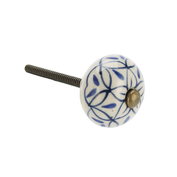 MADAM STOLTZ Kameninová úchytka Off White / Blue Pattern, modrá barva, kov, keramika