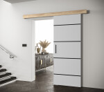 Posuvné dveře Salwador IV Dveře: Bíle mat, Pásky / úchyty: Černá, Horní pojezdová lišta: Dub artisan