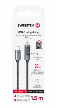 SWISSTEN Kabel USB-C na Lightning s LCD displejem 1.5m černá / 30W / Lightning (M) / USB-C (M) (71551076)