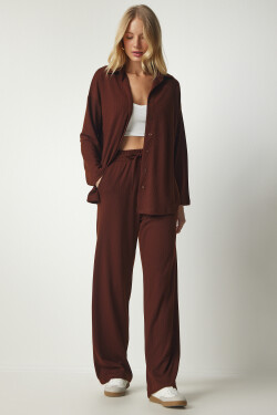 Happiness İstanbul Women's Brown Camisole Oversize Shirt Pants Suit