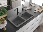 MEXEN/S - Hektor granitový dřez 2-bowl 800 x 480 mm, šedá, černý sifon 6521802000-71-B